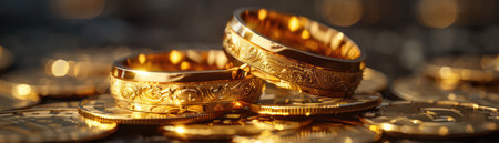 This image evokes the intertwined values of love and wealth  Golden wedding rings, symbolizing enduring commitment, are juxtaposed with price increase symbols, reflecting the rising cost of gold It's a poignant visual representation of the enduring strength of marriage amidst economic fluctuations AI Generativeの素材