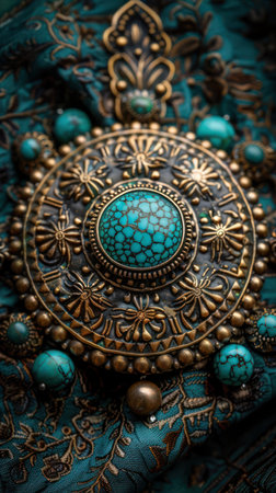 A captivating turquoise brooch, meticulously carved with intricate details, showcases the artistry of skilled craftsmanship The vibrant turquoise stone radiates elegance, while the delicate carvings create a mesmerizing interplay of light and shadow This timeless piece is a testament to the enduring allure of handcrafted jewelry AI Generativeの素材