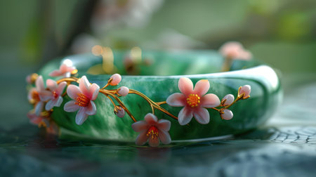A stunning jade bangle adorned with intricate floral patterns This luxurious piece of jewelry embodies nature-inspired elegance with its exquisite design and high-quality craftsmanship The perfect gift for nature lovers and jewelry enthusiasts seeking a timeless and beautiful statement piece AI Generativeの素材