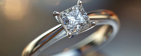 This stunning diamond ring features a brilliant princess-cut center stone, surrounded by a halo of smaller diamonds The intricate band adds a touch of elegance, making this ring a perfect choice for a special occasion or everyday wear Crafted with high-quality materials, it exudes luxury and sophistication AI Generativeの素材