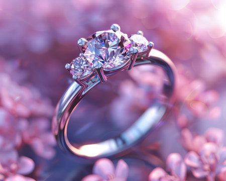 A captivating trio diamond engagement ring takes center stage, adorned with a sparkling floral background This premium quality image is perfect for showcasing romance, weddings, proposals, and anniversaries Its elegant design and intricate details make it ideal for jewelry catalogs, websites, and marketing materials AI Generativeの素材