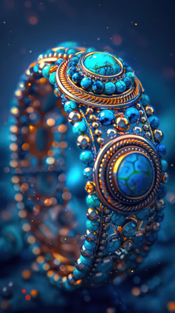 A stunning turquoise bracelet with a braided design, handcrafted for a unique and elegant look The beautiful blue stones and intricate braiding create a chic, bohemian style Perfect as a gift for any occasion or to add a touch of sophistication to your own wardrobe AI Generativeの素材