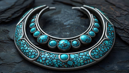 Elevate your style with this stunning turquoise brooch Its geometric patterns blend modern elegance with timeless charm Crafted with meticulous detail, this piece adds a touch of sophistication to any outfit Perfect for special occasions or everyday wear, this brooch is a unique and eye-catching accessory AI Generativeの素材
