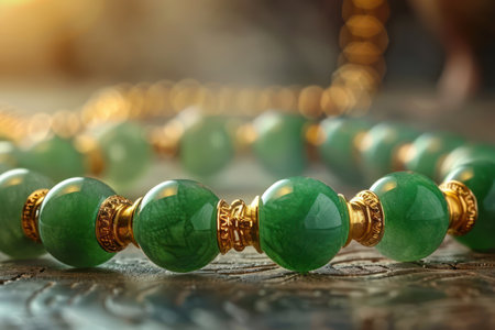 Elevate your style with this exquisite jade necklace The vibrant green gemstone pendant, set in a high-resolution image, shimmers with timeless luxury The gold chain adds a touch of elegance, making this the perfect piece for classic and sophisticated fashion AI Generativeの素材
