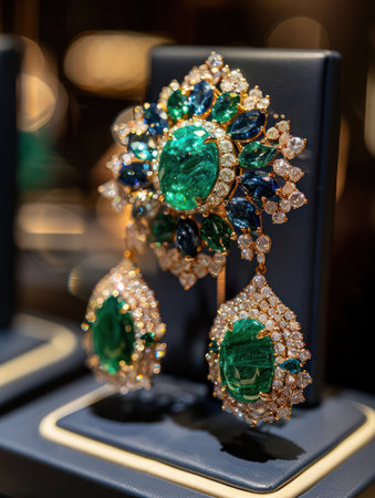 These stunning jade earrings feature shimmering sapphire drops, creating a captivating contrast of green and blue  Crafted with exquisite gemstones and unmatched sparkle, they&#39;re a must-have for discerning collectors who appreciate high-end jewelry  Elevate your style with this dazzling, luxurious piece AI Generativeの素材