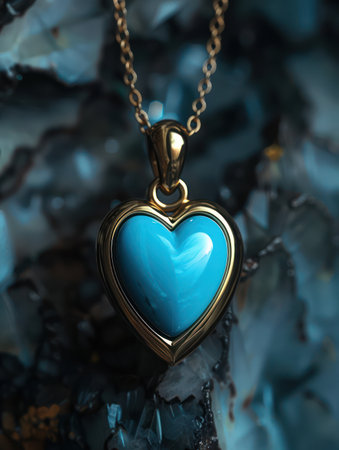 A stunning heart-shaped turquoise pendant necklace, crafted in gold and adorned with a sparkling blue gemstone The necklace rests elegantly on a natural crystal background, highlighting its luxurious design and captivating beauty Perfect for adding a touch of elegance and sophistication to any outfit AI Generativeの素材