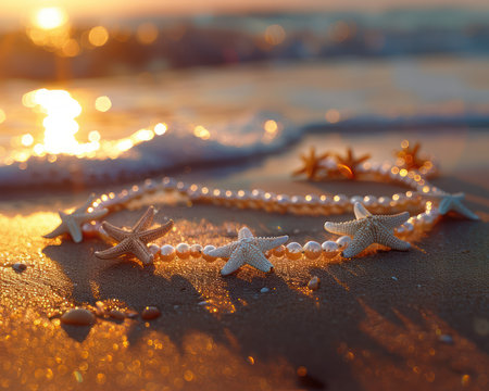 This stunning diamond anklet features delicate starfish charms, capturing the essence of beachy elegance Crafted with sparkling diamonds, it&#39;s a perfect summer accessory for coastal vibes The intricate design and shimmering brilliance make it a cherished piece for any beach lover AI Generativeの素材