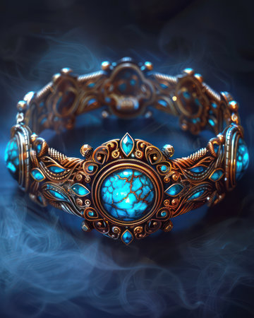 A statement turquoise bracelet with intricate rope detailing, evoking nautical elegance and ocean-inspired style The unique craftsmanship and beautiful details make this piece a perfect blend of bold color and refined design Ideal for adding a touch of coastal chic to any outfit AI Generativeの素材