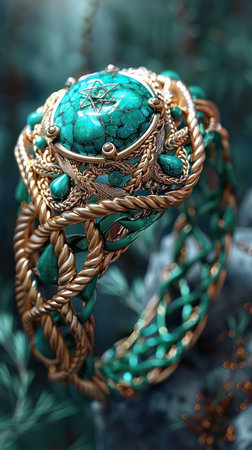 This stunning turquoise bracelet features a intricate braided design, showcasing a high-quality blue-green stone  Handcrafted with artisan style, it exudes elegance and fashion The unique piece is perfect for any occasion, adding a touch of sophistication to your wrist AI Generativeの素材