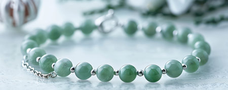 A delicate jade anklet with a shimmering chain, perfect for adding a touch of elegance to any outfit The smooth, green jade stone exudes subtle allure, while the fine craftsmanship ensures a lasting impression High-resolution images showcase the beauty of this exquisite piece of jewelry, ideal for women who appreciate understated style AI Generativeの素材