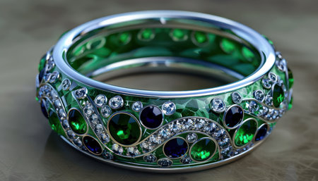 This exquisite jade ring features sparkling gemstone accents, showcasing high-end craftsmanship and timeless beauty  The vibrant green jade stone is a symbol of prosperity and harmony, making this a perfect statement piece for the sophisticated collector or wearer AI Generativeの素材