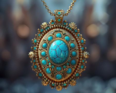 This handcrafted turquoise pendant showcases intricate tribal patterns, celebrating cultural elegance The exquisite gemstone is set in sterling silver, making it a stunning statement piece for any fashion or ethnic jewelry collection  A perfect blend of tradition and modern style, this pendant is sure to turn heads AI Generativeの素材