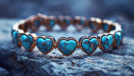 This exquisite turquoise bracelet features heart-shaped links, creating a romantic and elegant design Perfect for any woman, it&#39;s a stunning accessory for everyday wear or special occasions Crafted with meticulous detail, this bracelet makes a beautiful gift for loved ones AI Generativeの素材