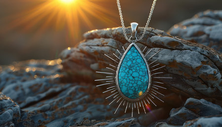 A stunning turquoise pendant with a mesmerizing sunburst design This elegant piece features a vibrant blue turquoise stone surrounded by a radiant sunburst pattern, perfect for adding unique charm to any outfit Elevate your accessory collection with this captivating piece, ideal for everyday wear or special occasions AI Generativeの素材