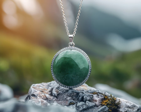 This timeless jade necklace exudes elegance with its high-quality jade stone and silver chain A classic piece for any occasion, it adds a touch of sophistication to any outfit Its understated beauty makes it a versatile jewelry piece for elegant fashion and styling AI Generativeの素材