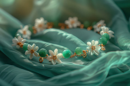 A captivating anklet crafted from luxurious jade, adorned with delicate charms This whimsical piece exudes elegance and sophistication, perfect for high-fashion occasions The enchanting green hue complements any outfit, making it a stunning accessory for special events AI Generativeの素材