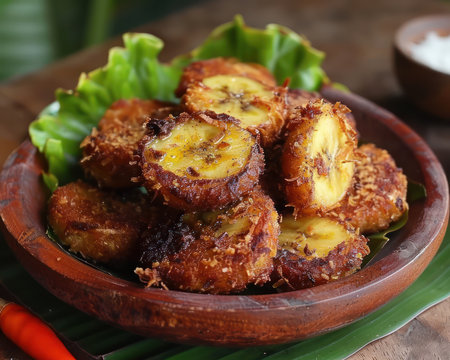 Crispy, golden banana fritters coated in coconut shreds, a classic Thai dessert These rustic, sweet treats are perfect for satisfying your sweet tooth Imagine yourself enjoying these on the streets of Thailand, the aroma of fried bananas and coconut filling the air This is a taste of authentic Thai cuisine AI Generativeの素材