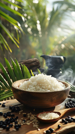 A vibrant bowl of Thai sweet sticky rice with black beans, a traditional dessert The glutinous rice is steamed to a soft, chewy texture and drizzled with sweet coconut milk, topped with a generous helping of black beans This visually appealing dish is a delightful fusion of sweet and savory flavors, perfect for satisfying your sweet tooth while exploring Thai cuisine AI Generativeの素材