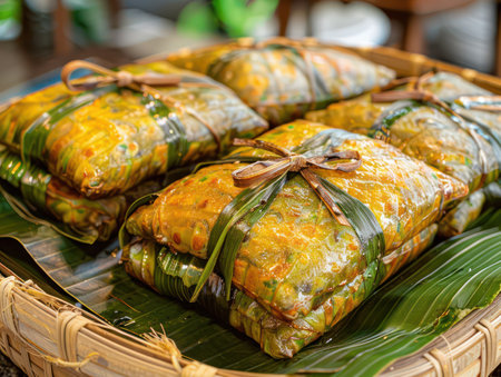 A traditional Thai dessert, Khanom Kluay, is a moist and flavorful steamed banana cake wrapped in banana leaves This authentic sweet treat is perfect for snacking or enjoying with tea The vibrant green banana leaves create a beautiful presentation, showcasing the golden-brown cake inside  This photo captures the essence of Thai cuisine, offering a glimpse into the country&#39;s culinary heritage AI Generativeの素材