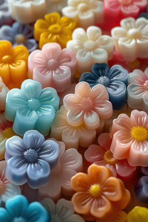 Delicate and decorative Thai coconut milk jelly art in flower shapes These beautifully detailed jellies are perfect for desserts and celebrations Each bite offers a delicate taste of authentic Thai coconut milk jelly The vibrant colors and intricate designs add a touch of elegance to any occasion AI Generativeの素材