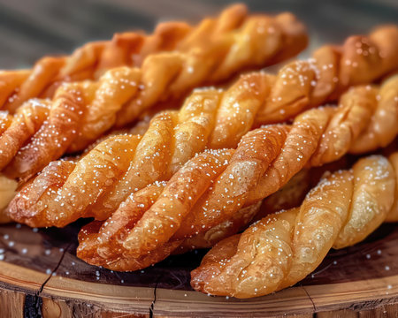 These golden, crispy Thai fried dough twists are coated in a sweet sugar glaze, making them irresistible  Authentic Thai street food, these crunchy and sweet donuts are perfect for any occasion Enjoy the delicious combination of crispy texture and sugary sweetness in every bite AI Generativeの素材
