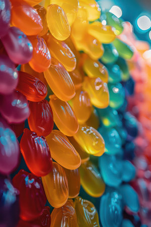 These playful and vibrant Thai mung bean candies, shaped like miniature fruits, are a delightful treat for any occasion Known as "Look Choup," these traditional sweets are artfully crafted to delight all ages with their colorful and charming appearance AI Generativeの素材