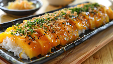 A vibrant plate of Thai Mango Sticky Rice, a sweet and refreshing dessert  Juicy mango slices are nestled atop a bed of glistening sticky rice, all drizzled with fragrant coconut milk This traditional Thai treat is a perfect blend of tropical sweetness and creamy richness AI Generativeの素材