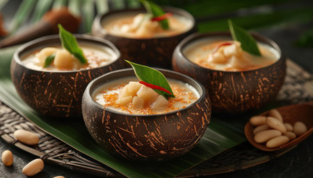 A traditional Thai dessert, Khanom Thuay, features sweet mung bean paste topped with creamy coconut milk This authentic treat boasts a rich, creamy texture and irresistible flavor, making it a delightful and satisfying indulgence Experience the authentic taste of Thailand in every bite AI Generativeの素材