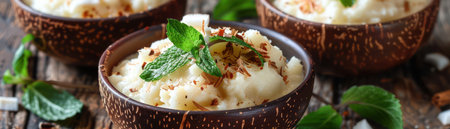 A rustic bowl overflows with creamy, golden Thai cassava dessert The sweet, tapioca-like cassava is topped with a generous layer of fluffy coconut, evoking authentic Thai flavors Indulge in this sweet and creamy treat anytime - a perfect balance of textures and taste AI Generativeの素材