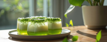 This vibrant Thai coconut jelly dessert features delicate layers of aromatic pandan, creating a visually stunning and refreshingly cool treat Its authentic Thai flavors and easy-to-make recipe make it the perfect summer indulgence  Enjoy the creamy coconut, the sweet pandan, and the delightful texture of this traditional Thai jelly AI Generativeの素材