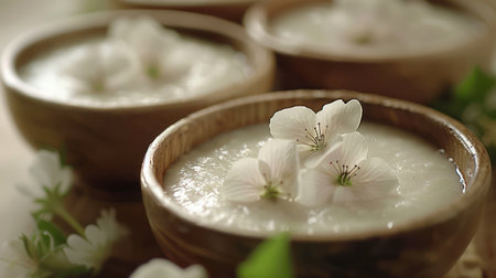 A close-up shot of Khanom Thuay, a traditional Thai mung bean dessert The vibrant green mung bean paste is nestled in a delicate coconut milk custard, creating a visually appealing and delicious treat This photo captures the essence of authentic Thai cuisine, showcasing the rich and creamy flavors of this beloved dessert AI Generativeの素材