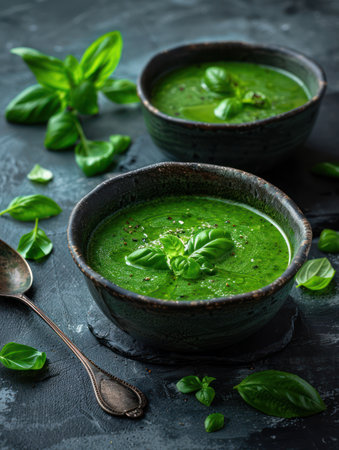 A vibrant green pandan custard, studded with sweet corn kernels, sits in a glass bowl The creamy custard, made with coconut milk, is delicately flavored with fragrant pandan leaves  This traditional Thai dessert offers a delightful balance of sweet and refreshing flavors  The image perfectly captures the essence of this delicious and authentic treat AI Generativeの素材