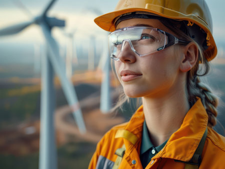 A wind turbine technician, clad in safety gear, performs maintenance on a towering wind turbine, showcasing the crucial role of skilled professionals in the renewable energy sector The image captures the commitment to clean energy and the dedication of workers in this vital industry AI Generativeの素材