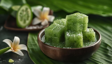 A tantalizing image of Thai coconut milk custard with pandan essence The smooth, creamy custard boasts a vibrant green hue from the pandan leaf, creating a visually appealing and aromatically delightful dessert This authentic Thai treat promises a taste of paradise with its rich and fragrant flavors AI Generativeの素材