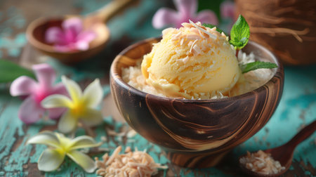 Indulge in the refreshing taste of Thailand with this creamy coconut ice cream topped with sticky rice A perfect blend of sweet and savory, this traditional Thai dessert is a delightful treat for any occasion Capture the essence of summer with this vibrant and colorful photo AI Generativeの素材