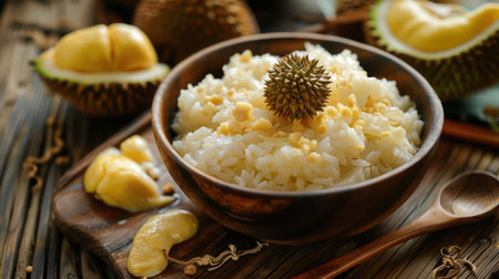 A tantalizing Thai dessert, sticky rice is infused with rich coconut milk and topped with pungent durian This exotic combination creates a symphony of sweet and savory flavors, transporting you to the culinary paradise of Thailand The vibrant colors and textures of the dish make it a visually stunning treat, perfect for any occasion AI Generativeの素材