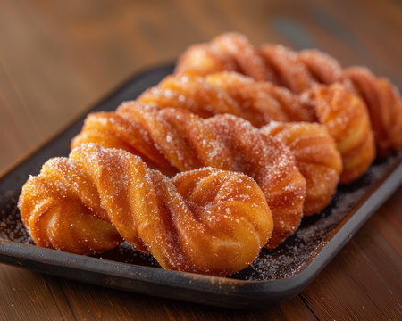 These golden, deep-fried dough twists are a classic Thai dessert Their crispy exterior gives way to a fluffy, chewy center, coated in a sweet, sugary glaze These irresistible snacks are perfect for any occasion, offering a delightful combination of textures and flavors AI Generativeの素材