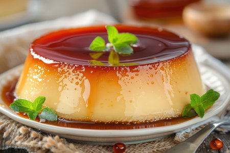 This captivating photo showcases a classic Thai dessert: **Traditional Egg Custard with Caramel Topping** The smooth, creamy custard, tinged with a hint of vanilla, rests in a bowl, topped with a glistening, golden caramel sauce The inviting presentation hints at the authentic Thai flavors and the comforting, melt-in-your-mouth texture AI Generativeの素材