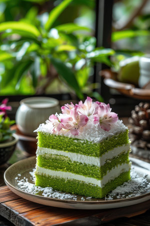 A delightful Thai steamed pandan sponge cake, boasting fluffy texture and fragrant pandan aroma This traditional sweet is adorned with delicate coconut shavings, creating a delightful contrast of textures A perfect indulgence for dessert lovers seeking a taste of authentic Thai flavors AI Generativeの素材