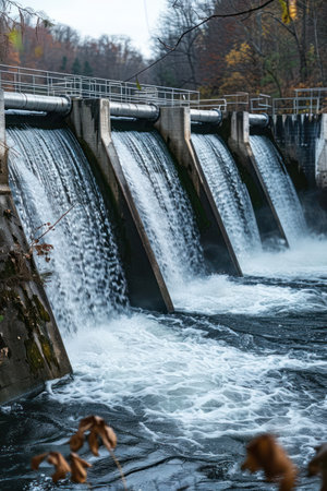 A powerful hydroelectric dam harnesses the force of flowing water through turbines to generate clean, renewable energy The dam&#39;s reservoir and efficient turbines transform the natural energy of water into sustainable electricity, providing a reliable and eco-friendly power source AI Generativeの素材