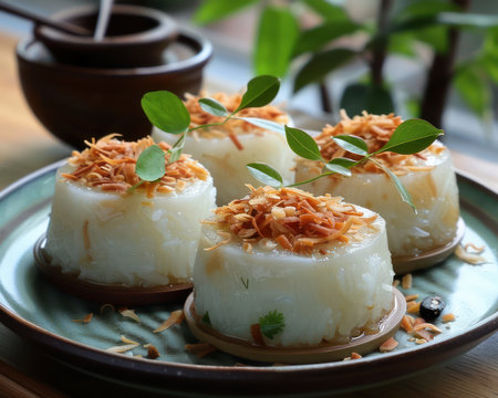 This captivating photo showcases a traditional Thai dessert: Khanom Krok Fluffy, steamed sticky rice with shredded coconut creates a delightful contrast of textures and flavors This authentic Thai delight is perfect for dessert lovers seeking an exotic and unforgettable culinary experience AI Generativeの素材