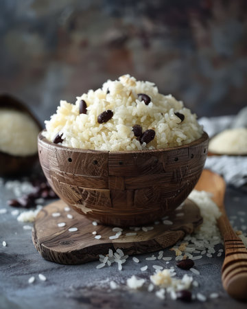 A vibrant plate of Thai sweet sticky rice, adorned with glistening black beans and creamy coconut milk This traditional dessert offers a delightful balance of textures and flavors, making it perfect for celebrations or everyday indulgence The rice is soft and chewy, the beans are earthy and sweet, and the coconut milk adds a rich, creamy note AI Generativeの素材