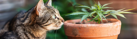 A playful feline investigates a potted cannabis plant with curious eyes and a playful demeanor The high-resolution image captures the cat&#39;s inquisitive nature as it explores the plant&#39;s lush foliage, creating a humorous and endearing scene This photo is perfect for showcasing the unique bond between pets and nature AI Generativeの素材