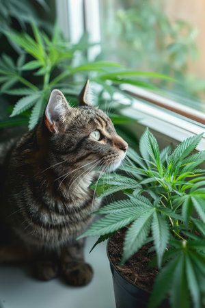 A curious cat perches on a windowsill, gazing out at a lush expanse of cannabis plants The vibrant green leaves and serene outdoor view create a scene of relaxation and comfort High-resolution detail captures the cat&#39;s inquisitive expression and the tranquility of the moment AI Generativeの素材