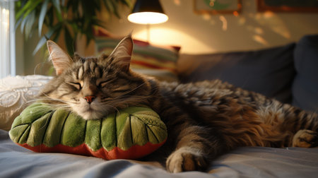 A relaxed feline lounges on a plush, cannabis leaf-shaped pillow The adorable cat&#39;s peaceful expression and the whimsical design of the pillow create a perfect blend of comfort and humor This high-resolution image is ideal for cat lovers and cannabis enthusiasts alike AI Generativeの素材