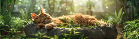 A contented cat finds ultimate relaxation nestled in a cozy cannabis-themed bed High-resolution, photorealistic image captures the furry friend&#39;s comfort amidst nature-inspired surroundings  Perfect for cat lovers and cannabis enthusiasts seeking a touch of whimsy and relaxation AI Generativeの素材