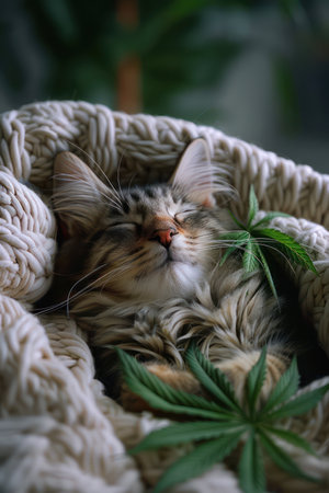 A serene tabby cat curls up next to a vibrant green decorative cannabis leaf, creating a peaceful and playful image Perfect for pet lovers, cannabis enthusiasts, and nature lovers alike, this high-resolution photograph captures the essence of relaxation and tranquility AI Generativeの素材