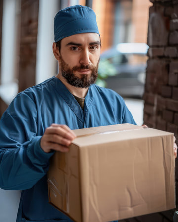 A patient smiles as they receive their medication delivery at their doorstep This photo embodies convenient healthcare solutions, offering easy and timely access to medicines anywhere It showcases the comfort and accessibility of modern healthcare, empowering patients to manage their health with ease AI Generativeの素材