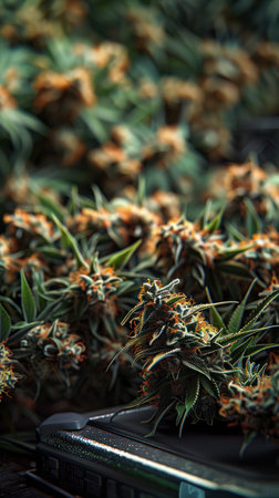 A close-up shot of cannabis buds being carefully weighed on a digital scale during the processing stage This meticulous process ensures precise measurements and high-quality control standards, vital for producing premium cannabis products in the burgeoning industry AI Generativeの素材