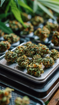 Close-up shot of cannabis buds being carefully weighed on a digital scale The image highlights the precision and meticulousness involved in marijuana processing, ensuring accurate measurements for consistent quality and potency in the final product This image is ideal for illustrating the professional and controlled nature of the cannabis industry AI Generativeの素材